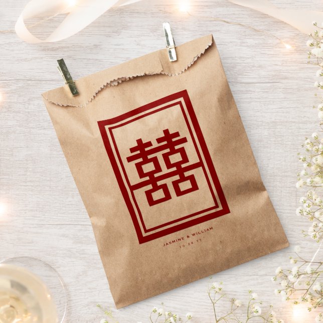 Rectangle Double Happiness Classic Chinese Wedding Favour Bags (Clipped)