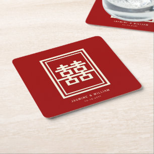 Rectangle Double Happiness Classic Chinese Wedding Square Paper Coaster