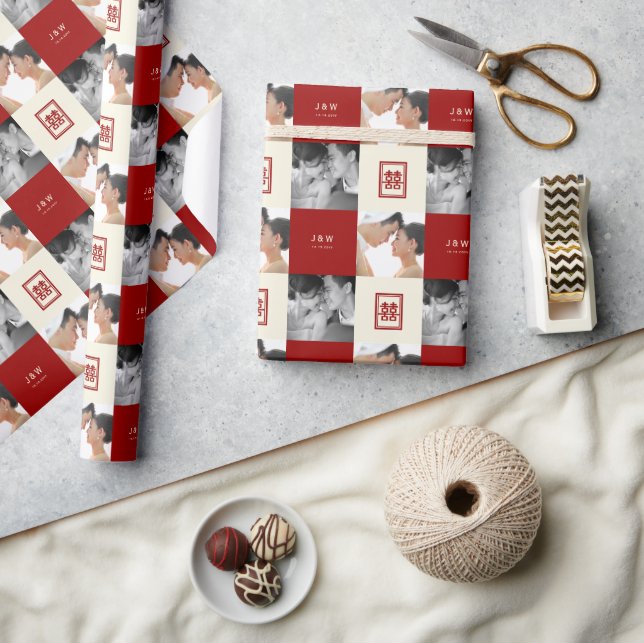 Rectangle Double Happiness Wedding Photo Collage Wrapping Paper (Crafts)