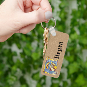 Rectangular Blue and Red Ivy Illuminated Letter A Key Ring