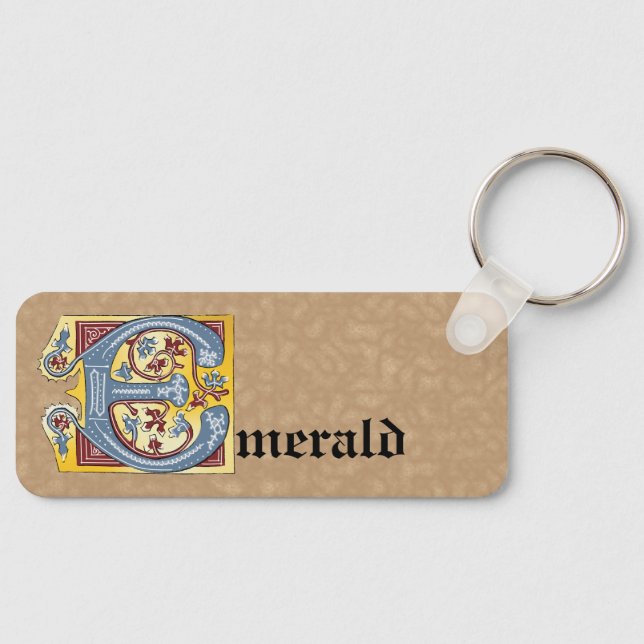 Rectangular Blue and Red Ivy Illuminated Letter E Key Ring (Front)