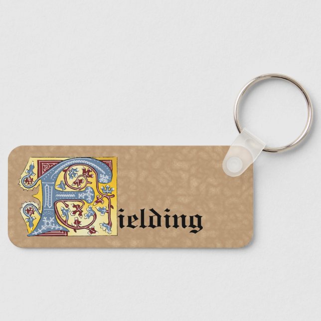 Rectangular Blue and Red Ivy Illuminated Letter F  Key Ring (Front)