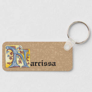 Rectangular Blue and Red Ivy Illuminated Letter N Key Ring