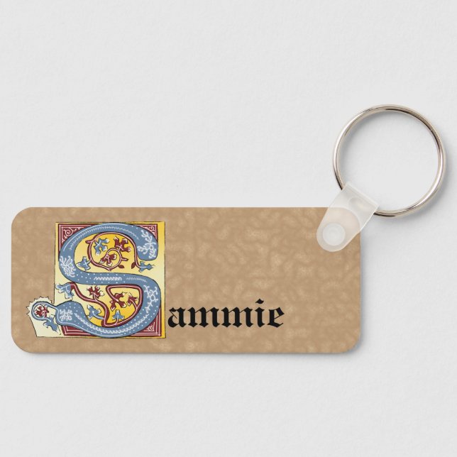 Rectangular Blue and Red Ivy Illuminated Letter S Key Ring (Front)