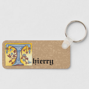 Rectangular Blue and Red Ivy Illuminated Letter T Key Ring