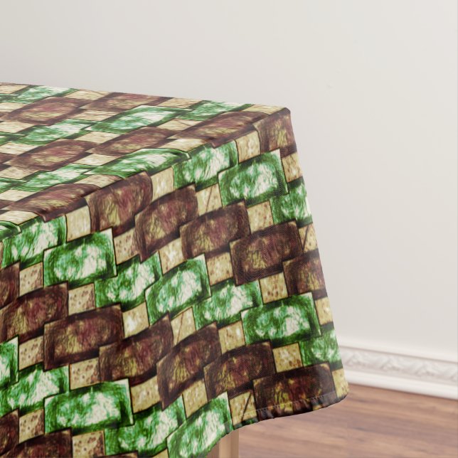 Rectangular pieces carved and spotted, brown green tablecloth (In Situ)