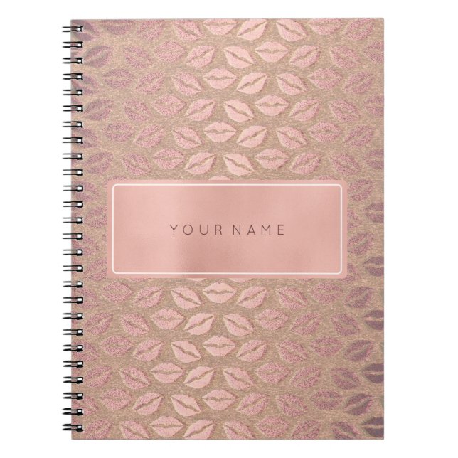 Rectangular Pink Rose Gold Powder Metallic Kiss Spiral Notebook (Front)
