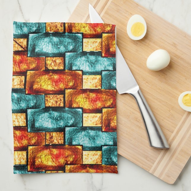 Rectangular plates carved and stained, orange cyan tea towel (Quarter Fold)