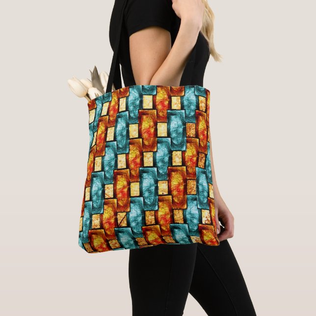 Rectangular plates carved and stained, orange cyan tote bag (Close Up)