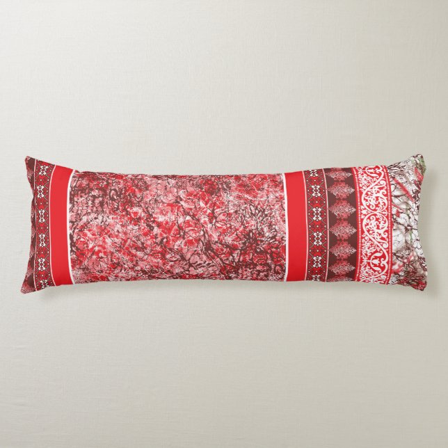 Rectangular textile design with ornate red, white, body cushion (Front)