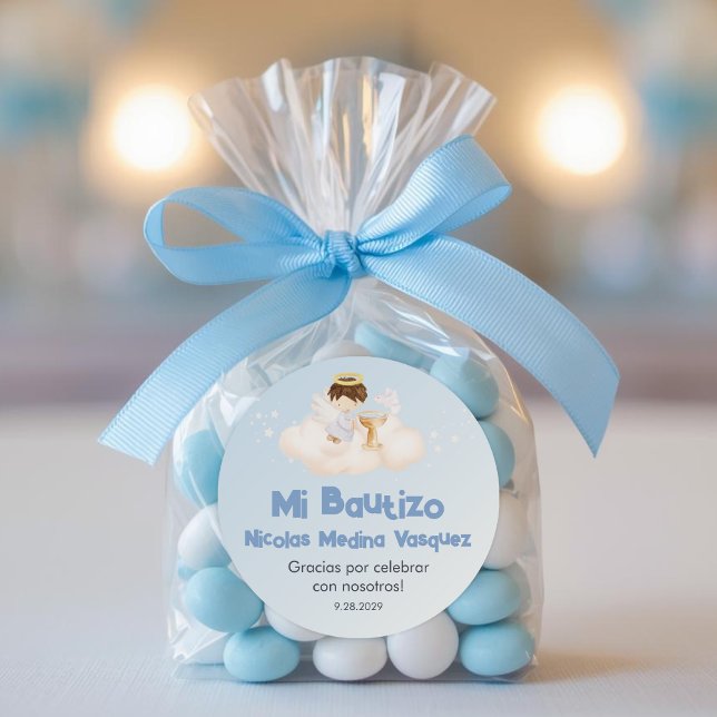 Recuerdos Bautizo Boy Angel Baptism Favours Gifts Classic Round Sticker (Creator Uploaded)