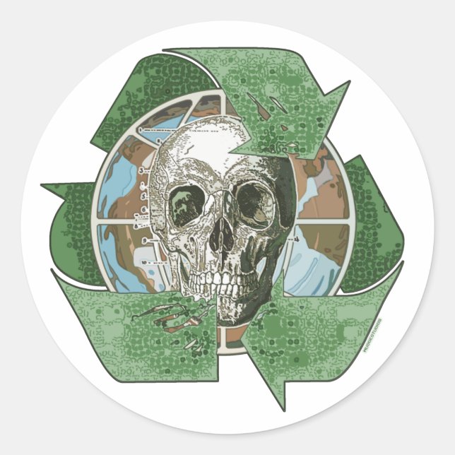 Recycle or Die Skull Classic Round Sticker (Front)