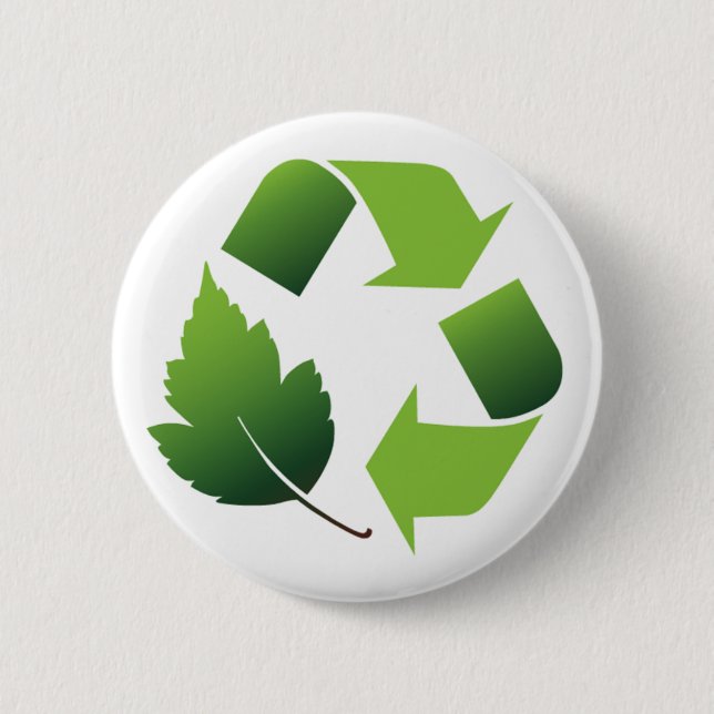 RECYCLE SYMBOL WITH LEAF 6 CM ROUND BADGE (Front)