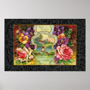 RECYCLED FINE ART 1915 'BEST WISHES' SENTIMENT  POSTER