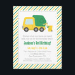 Recycling Garbage Truck Theme Boys Birthday Party Invitation<br><div class="desc">Invite your guests to dump what they have on hand and join the little boy's birthday party! This bright yellow and green garbage truck is in the midst of empting a garbage bin. On the side of the truck is the classic recycling, reuse and reduce logo. Yellow and green slanted...</div>