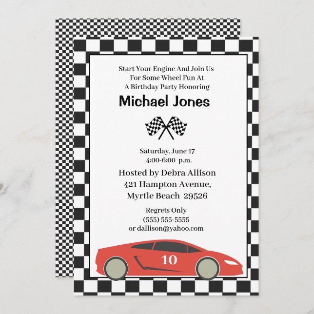 Red 10th Birthday Race Car Invitation (Front/Back)