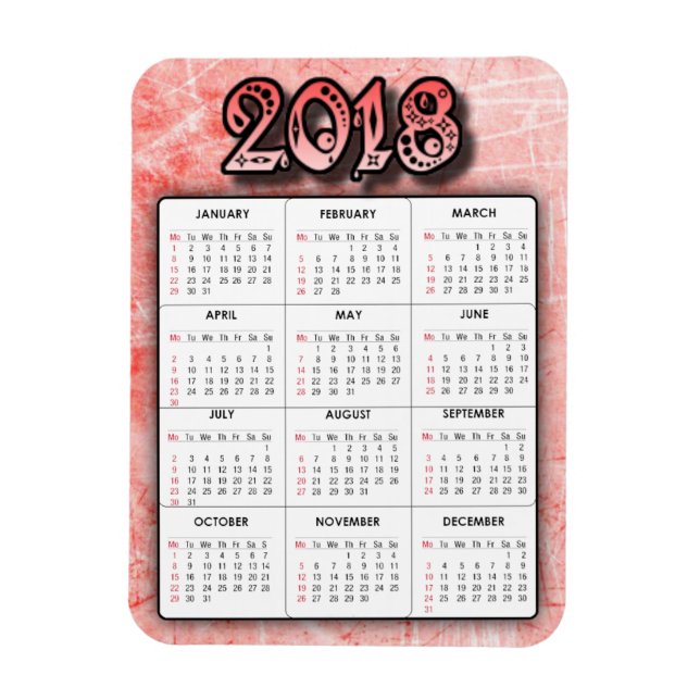 Red 2018 Calendar Refrigerator Locker  Magnet (Vertical)