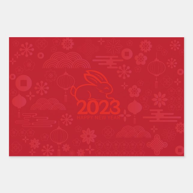 Red 2023 Lunar New Year Rabbit  Wrapping Paper Sheet (Front 3)