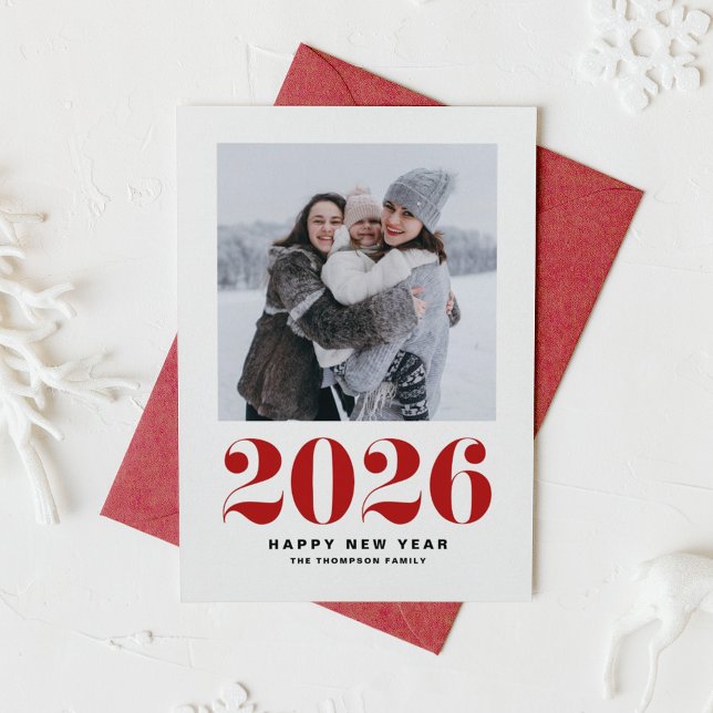 Red 2025 Bold Typography New Year Photo Holiday Card (Ring in 2026 with this red Happy New Year photo card featuring retro bold typography.)