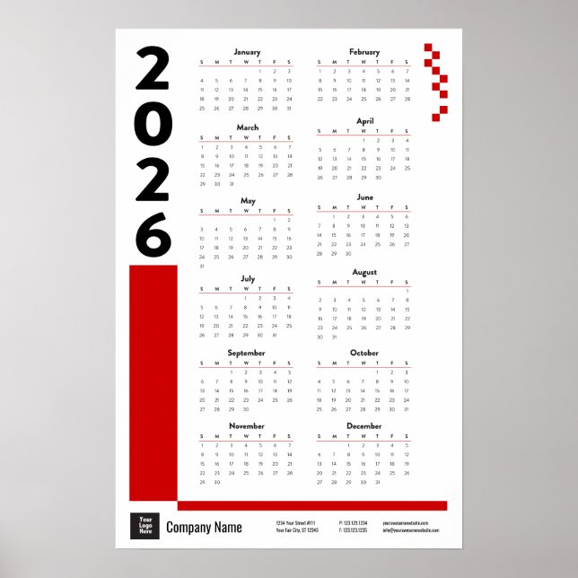 Red 2026 Corporate Wall Calendar Poster (Front)