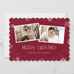 Red 2 Photo Snowflake Newlywed Christmas Holiday Card