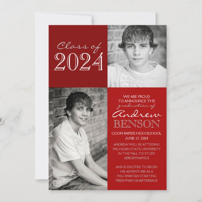 Red 2 Toned 2 Photo Graduation Announcement (Front)