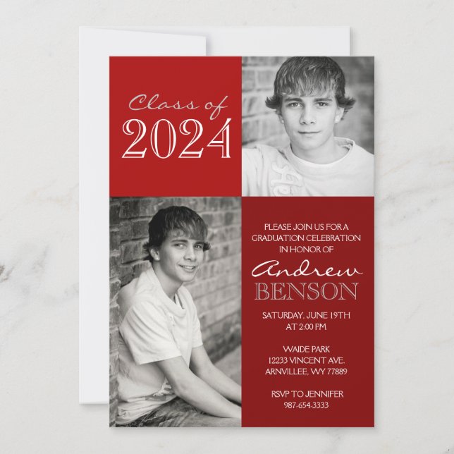 Red 2 Toned Classic 2 Photo Graduation Invitation (Front)