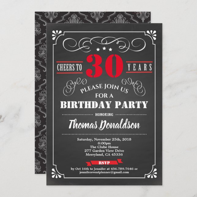 Red 30th birthday party chalkboard retro invitation (Front/Back)