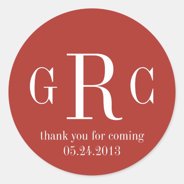 Red 3 initial monogram label tag wedding favour (Front)