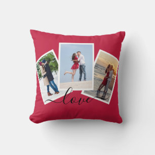 Red 3 Photo Collage Modern Script Love Cushion