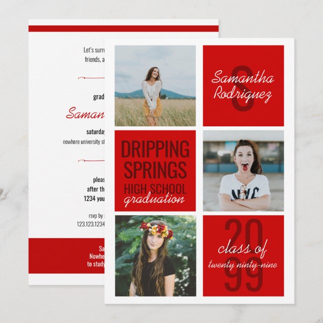 Red 3-Photo Fun Boxes Graduation Invitation (Front/Back)
