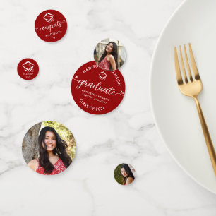 Red 3 Photo Graduation Modern Script Hearts Cap Confetti