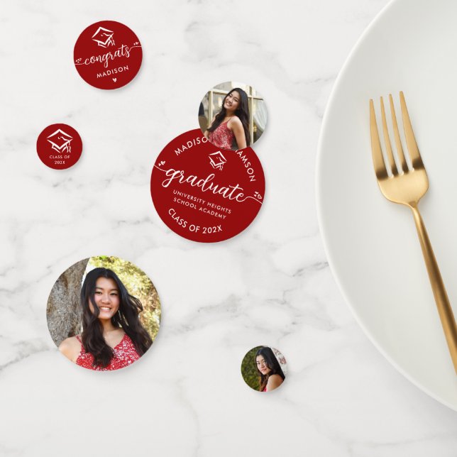 Red 3 Photo Graduation Modern Script Hearts Cap Confetti (Group)