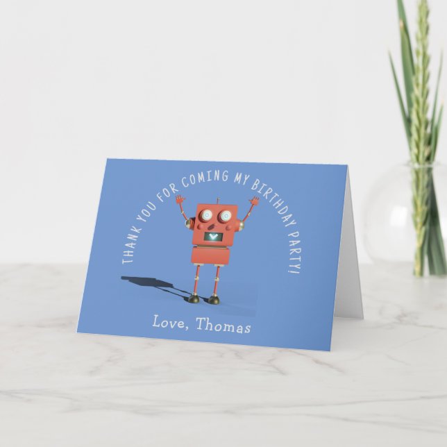 Red 3D robot kids birthday party thank you Card (Front)