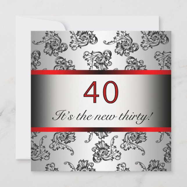 Red 40th Birthday Party Black Damask Invitation (Front)