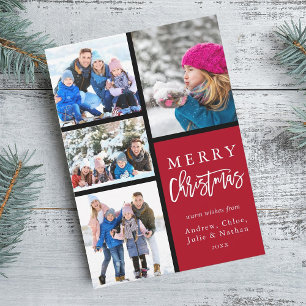 Red 4 Photo Collage Modern Merry Christmas Holiday Card