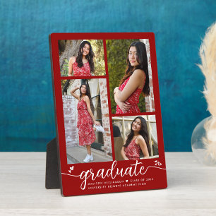 Red 4 Photo Graduation Modern Calligraphy Hearts Plaque
