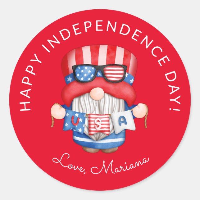 Red 4th of July Gnome Independence Day Favours Classic Round Sticker (Front)