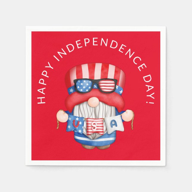 Red 4th of July Gnome Independence Day Party Napkin (Front)
