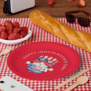 Red 4th of July Gnome Independence Day Party Paper Plate