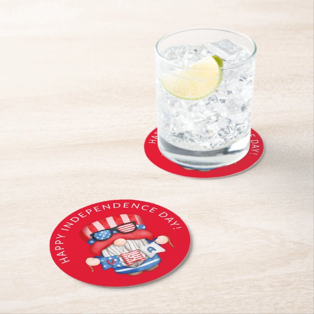 Red 4th of July Gnome Independence Day Party Round Paper Coaster (Insitu)