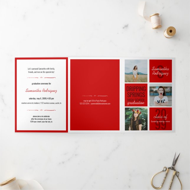 Red 5-Photo Fun Boxes Graduation Tri-Fold Invitation (Outside)