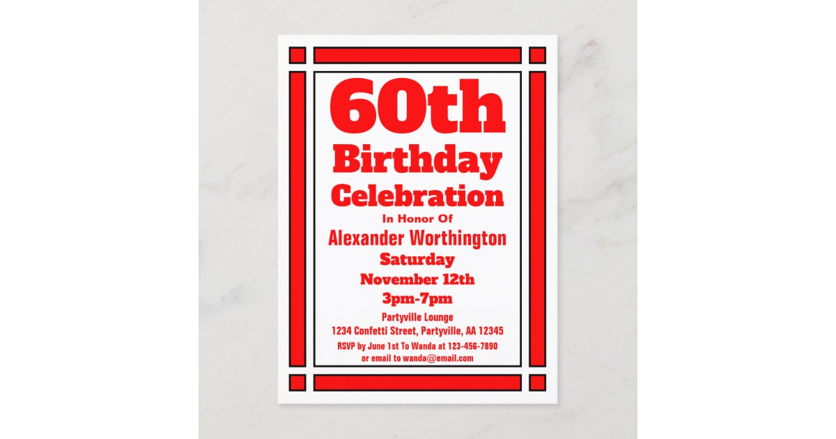 Red 60th Birthday Invitation Postcard | Zazzle.co.nz
