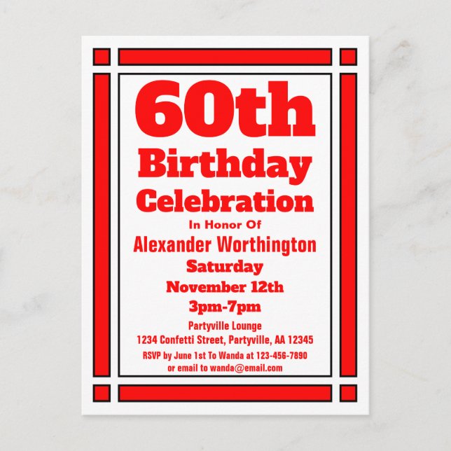 Red 60th Birthday Invitation Postcard (Front)
