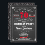 Red 70th birthday party chalkboard retro invitation<br><div class="desc">[Any Age. All text are editable]

Theme:  Birthday,  Anniversary,  Retirement Party / Celebration 
Style: Retro,  Vintage,  Elegant
Colours: Black,  Red and White.
Graphics: retro chalkboard ,  vintage typography and frame,  damask background,  red lettering.</div>