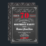 Red 70th birthday party chalkboard retro invitation<br><div class="desc">[Any Age. All text are editable]

Theme:  Birthday,  Anniversary,  Retirement Party / Celebration 
Style: Retro,  Vintage,  Elegant
Colours: Black,  Red and White.
Graphics: retro chalkboard ,  vintage typography and frame,  damask background,  red lettering.</div>