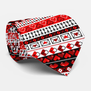 Red 8 Bit Valentines Heart Stripes Pattern Tie