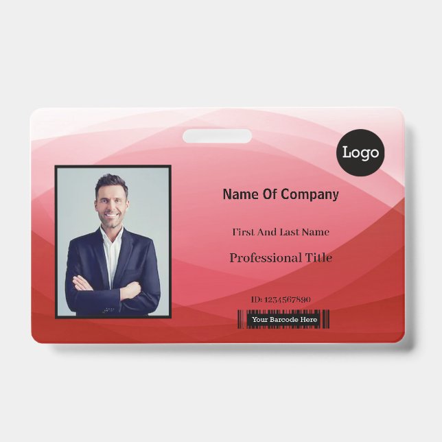 Red Abstract Business Photo Identification ID Badge (Front)