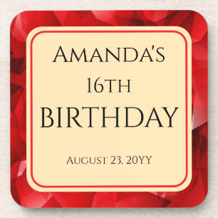 Red Abstract Crystal Design Birthday Custom Text Coaster