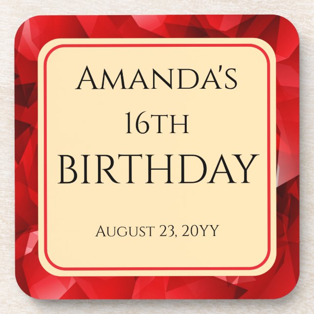Red Abstract Crystal Design Birthday Custom Text Coaster (Front)